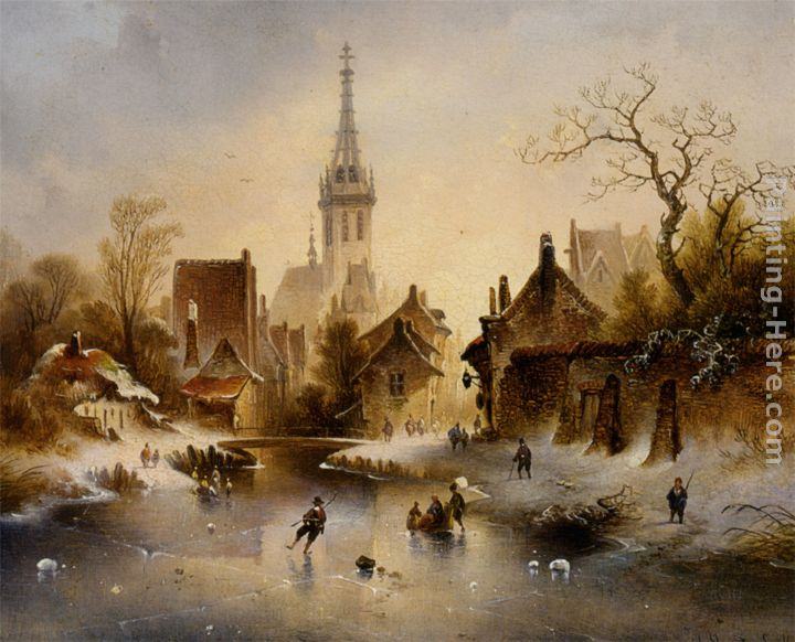 Charles van den Eycken A Winter Landscape with Skaters near a Village